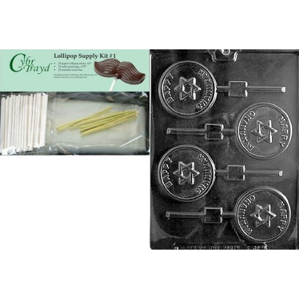 Includes 25 Cello Bags Cybrtrayd Happy Chanukah Bar Chocolate Candy Mold with Chocolate Packaging Bundle 25 Gold Twist Ties and Exclusive Chocolate-Molding Instructions